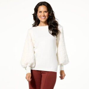 Antthony Faux Fur Sleeve Crew Neck Knit Sweater Size Large Pearl Soft Knitwear